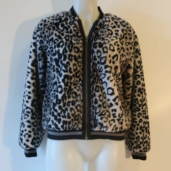 NWT Womens Lavender Brown Gray Black Animal Print Faux Fur Bomber Jacket M * - Picture 2 of 11